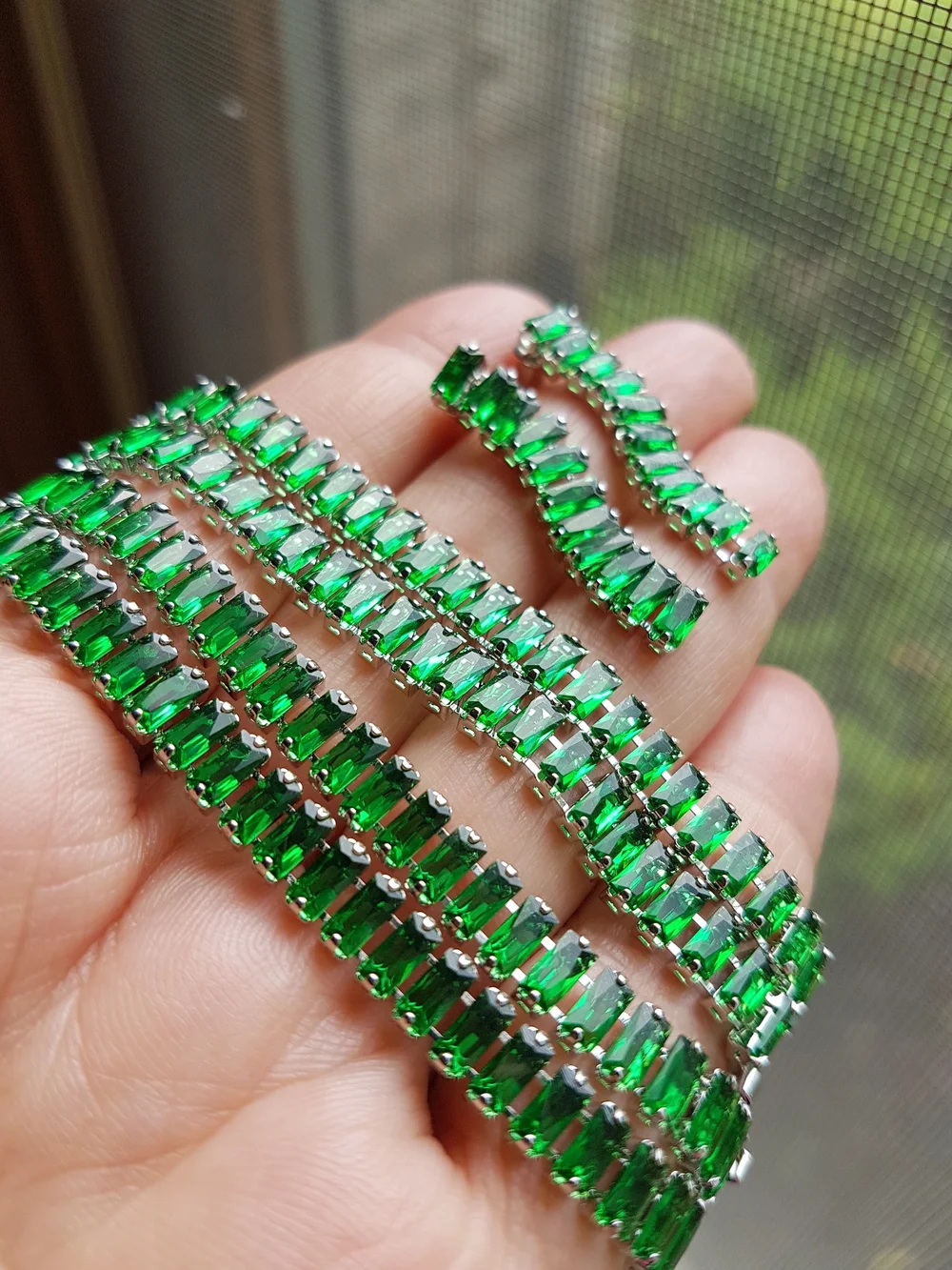 Swarovski Elements Silver Emerald Green Emerald-cut Baguette Tennis Necklace NEW